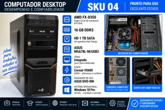 PC AMD FX-8350 16GB HD 1TB | Gaveta Hot-Swap | Corsair VS600 (SKU04)