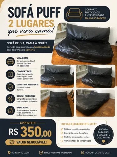 Sofá Cama Puff 2 Lugares Preto | R$ 350 | Valor Negociável