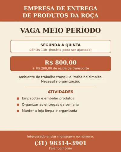 Vaga Meio Periodo - Região Santo Antonio