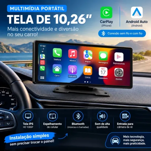 Multimídia portátil 10,26 polegadas, Android auto/carplay sem fio + câmera de ré