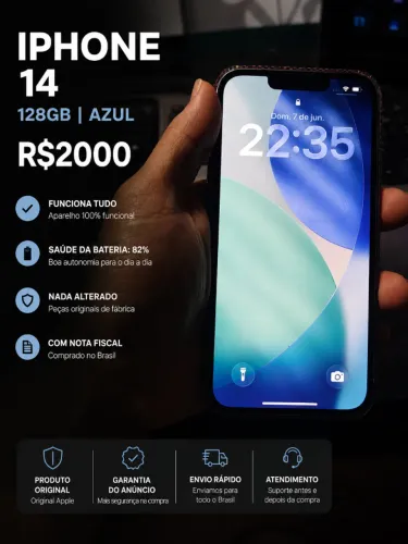 iPhone 14 128GB Azul - 100% Funcional (Apenas Vidro Traseiro Quebrado) + NF