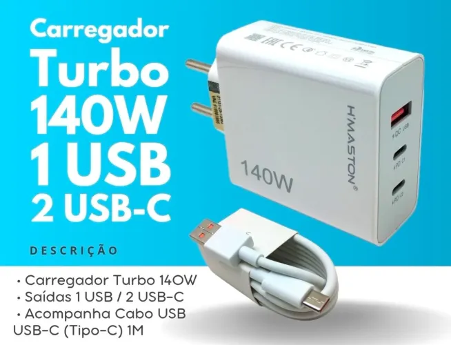 Carregador turbo 140W H'maston entrada (1 USB/2 USB-C)