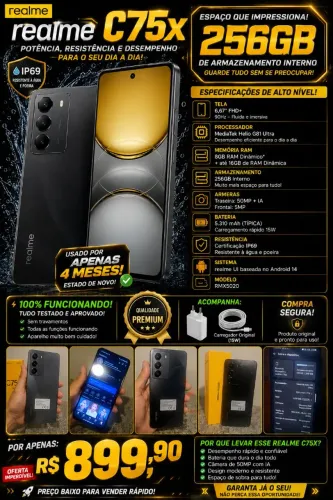 Smartphone Realme C75x (256GB) completo e impecável... venda segura e entrego !!