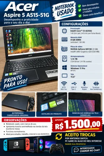 Acer Aspire 5,Core i5-8250U,8GB DDR4,HD de 1 TB,M.2 256gb