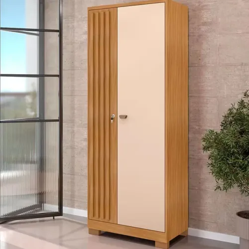 Armário Multiuso Ripado 2 Portas Cabideiro Organizador Carvalho Americano C/ Off White <br>