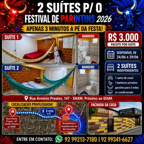 Aluguel de Suíte para Festival de Parintins 2026 a 3 min do Bumbódromo