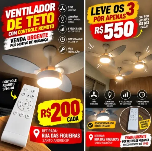 Ventilador de Teto com Controle Sem Fio - 200,00 tem 3 unidades