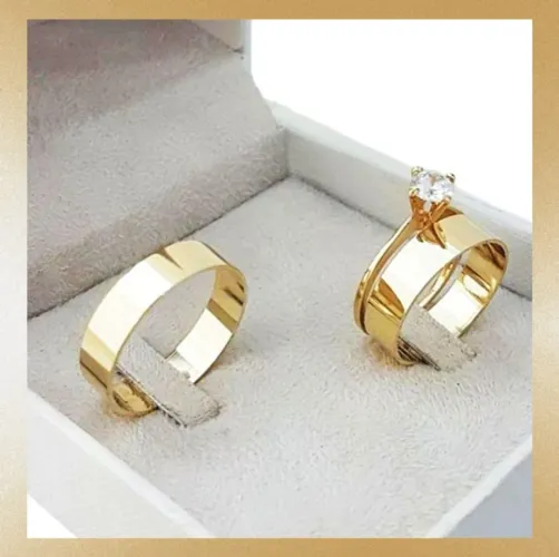 Par de Alianças Tungstênio Retas 6mm Ouro18K Banho + Solitário. Casamento - Oferta Hoje!