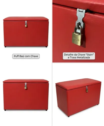 Oferta: Puff Baú Vermelho Reforçado com Tranca e Chave