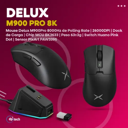 Mouse Delux M900Pro 8K de Polling Rate | PAW3395 26000DPI | Dock de Carga -Entrega Grátis-