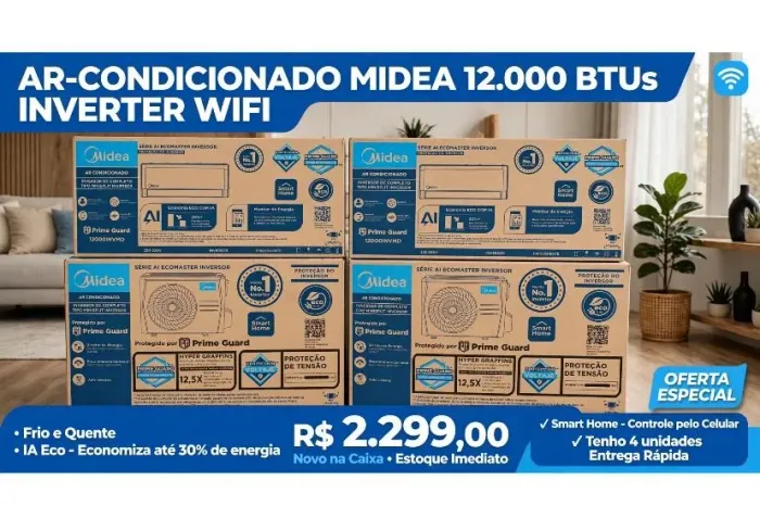 Ar condicionado Midea 12 mil BTUS Inverter quente e frio com Wi-Fi e IA