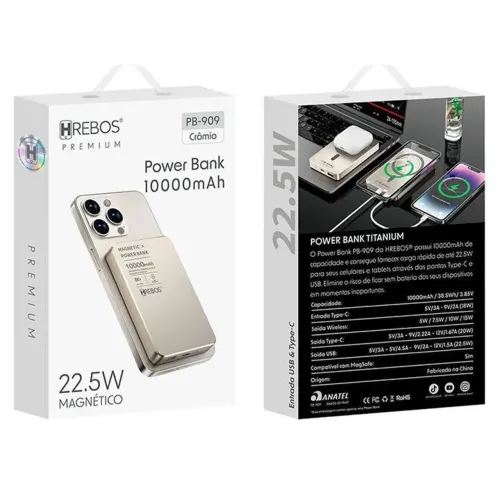 CARREGADOR PORTÁTIL ( POWER BANK ) HREBOS PREMIUM TITANIUM 10000 MAH COM 22.5W MAGNÉTICO