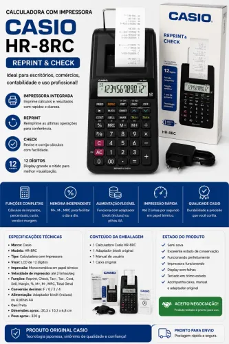 Calculadora de Mesa Casio HR-8RC | Impressora Integrada | Reprint & Check | 12 Dígitos