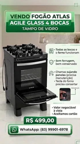 Fogão Atlas 4 bocas tampo de vidro