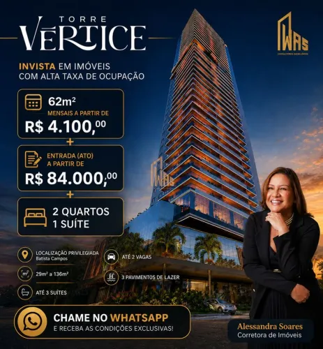 Torre Vértice Apartamento à venda Batista Campos,62m² 2 quartos sendo 1 suíte