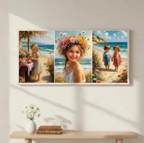 Kit de três quadros decorativos de paisagens com crianças de madeira pinus com adesivo