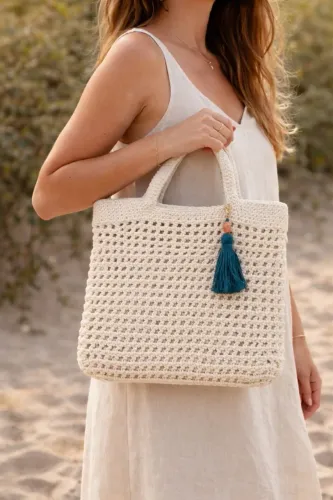 Bolsa de Crochê Artesanal Branca Ecobag de Linha Feita à Mão Verão Boho | Estilo Praia + T