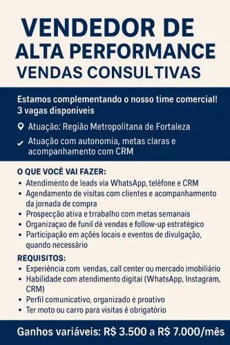 VAGA PARA VENDEDOR - ATUAÇÃO NA REGIÃO METROPOLITANA
