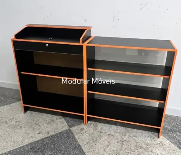 Balcão Caixa, Balcão Vitrine com Fitado Colorido - MDF Preto