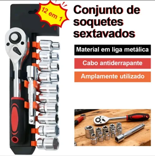 Kit Jogo Soquetes Sextavados Com Catraca