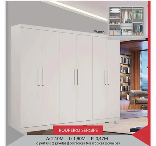Guarda-Roupa 6 Portas Branco - Roupeiro Sergipe