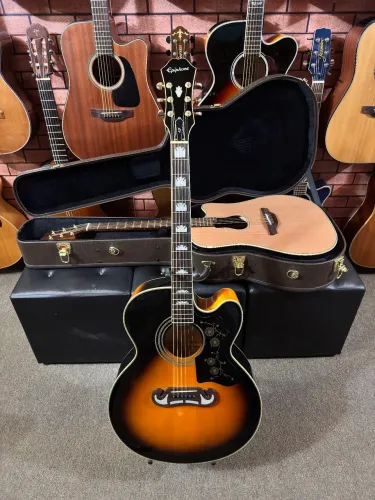 Violão Epiphone ej200ce sunburst jumbo elétrico regulado cordas novas ANALISO TROCAS