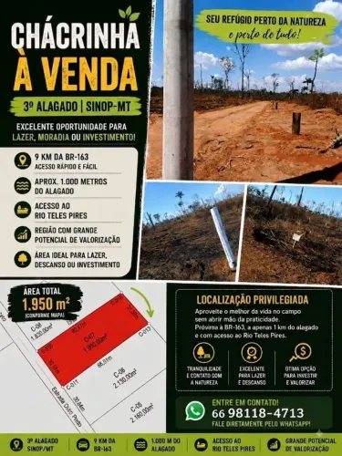 Vende-se Chácrinha de 1.950m² 30x65 no 3º Alagado 9 km da BR163 1200 do rio teles Pires