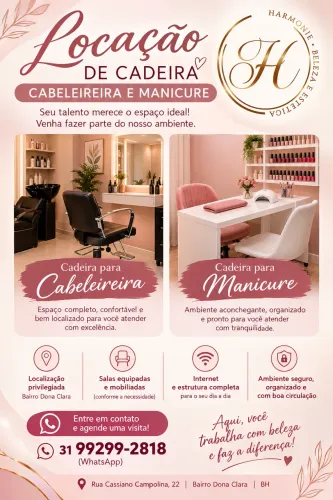 Aluguel de cadeira para Cabeleireira e Manicure e Pedicure para atendimento de clientes.