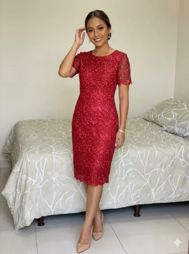 Vestido midi vermelho bordado