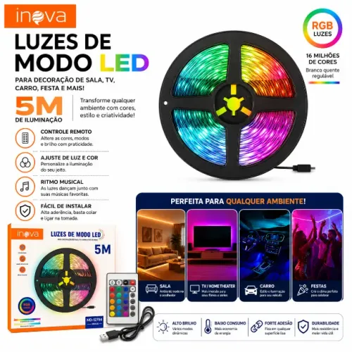 Fita de Led RGB 5 metros Com controle remoto, ajuste de cores