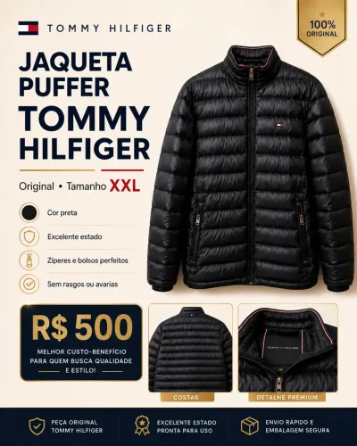Jaqueta Puffer Tommy Hilfiger Original XXL Preta - Excelente Estado