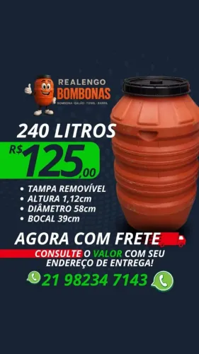 Bombona de 240 litros, Galão Tonel Tambor Barril Bombonas pra Água,Gelo,Ração,Obra,Suco