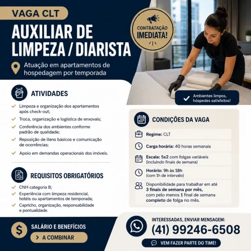 VAGA PARA AUXILIAR DE LIMPEZA - CONTRATAÇÃO CLT