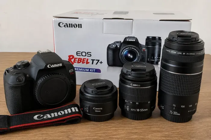 Câmera Canon t7+, acompanha lente 18-55, 50mm, 75-300mm e um cartão de memória 64gb lexar