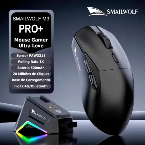 Mouse Gamer Smailwolf M3 PRO+ Tri-Mode Dock 65g 12000 DPI | Preto NOVO LACRADO