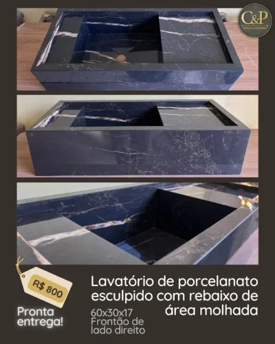 Lavatório de porcelanato esculpido com rebaixo de área molhada