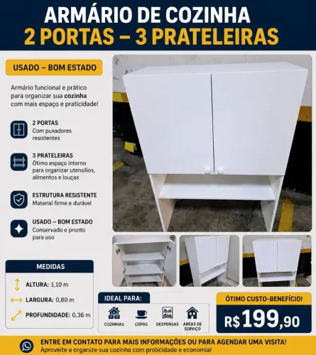 Armário de Cozinha 2 Portas - 3 Pratilheiras Medidas = 1,10X0,80X0,36 - Usado Bom Estado