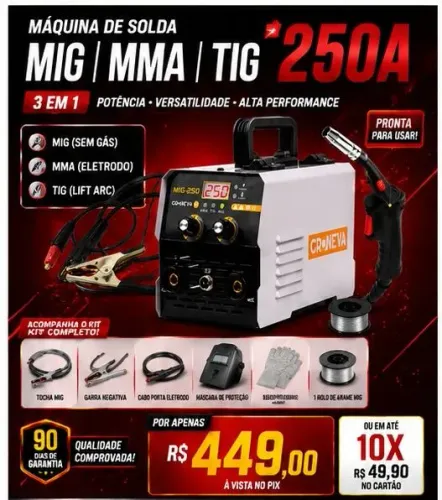 Máquina de Solda Inversora MIG 250 Multiprocesso 3 em 1 220V<br>