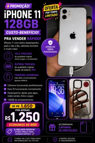 ? iPhone 11 128GB | DE R$ 1.650 POR R$ 1.250 | 98% Bateria | Face ID OK ?