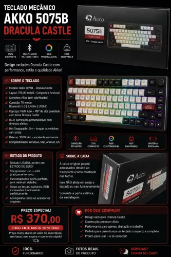 Teclado Mecânico Akko 5075b Plus V2 Dracula Castle (Usado)