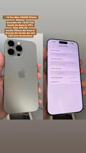 iPhone 16 Pro Max 256GB Titânio Natural ( Garantia Até 15/07/26) Usado