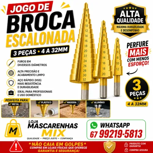 Jogo de Broca Escalonada Cônico 3 Peças de Aço HSS Com Titânio COD: 059