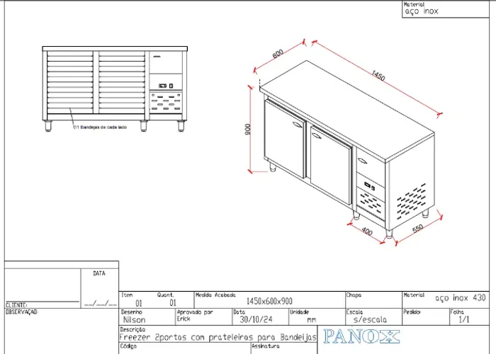Freezer Balcão Panox inox 1,45 m 