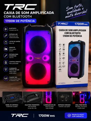 CAIXA DE SOM TRC 1700W RMS COM BLUETOOTH - LED COLORIDO NUNCA USADA