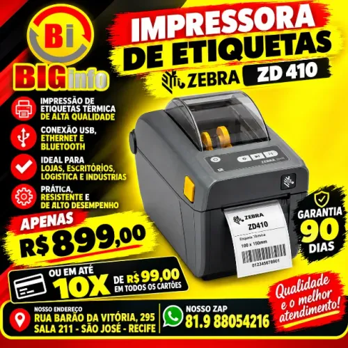 Impressora USB Termica de Etiquetas Zebra ZD 410 - Em ate 10x Fixas 