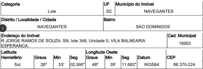 Terreno de leilão em SAO DOMINGOS / NAVEGANTES / SC | Leilão SFI - Edital Único