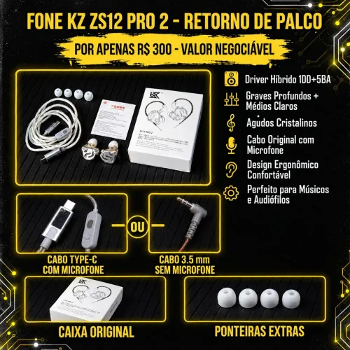 ? FONE DE OUVIDO RETORNO IN-EAR KZ ZS12 PRO 2 - COMPLETO NA CAIXA (ESTADO DE NOVO)