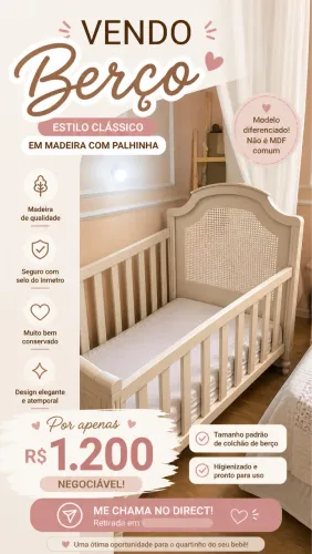 Berço estilo clássico com madeira em palhinha