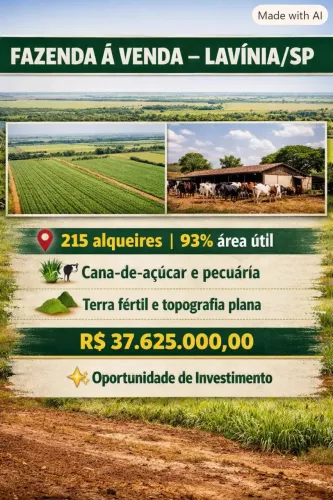 FAZENDA À VENDA APTIDÃO PARA CANA-DE-AÇÚCAR E PECUÁRIA