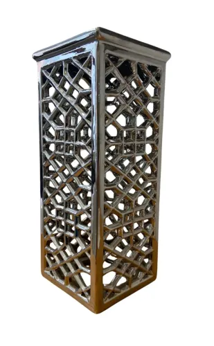 Vaso Decorativo Alto em Cerâmica Prateada Vazado 37cm